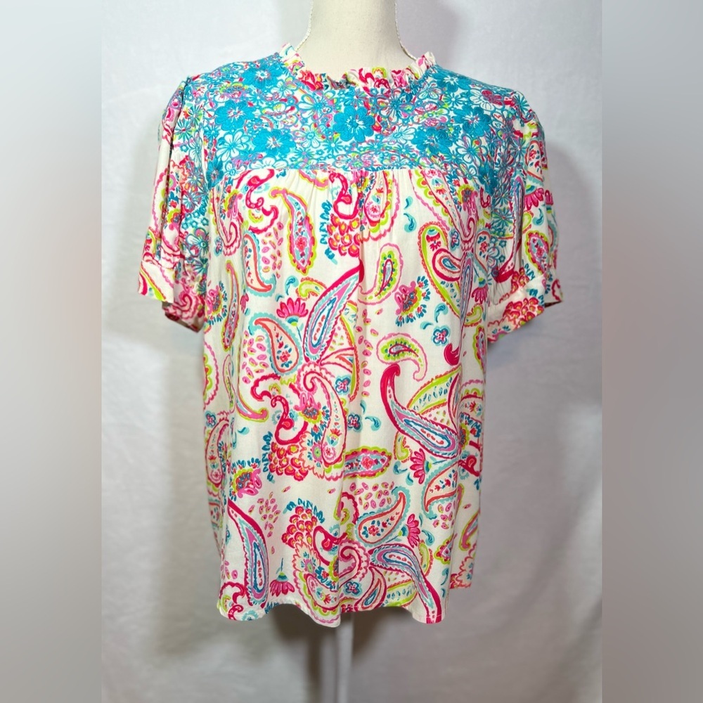 Savanna Jane Embroidered Paisley Blouse Size M Multicolor Short Sleeve - Picture 8 of 8